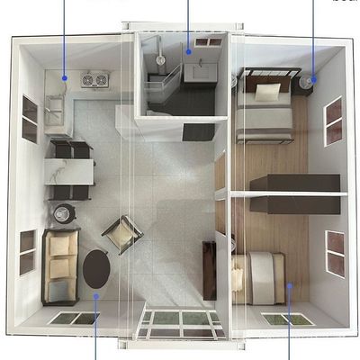 20 ft Gereed gemaakt 2 slaapkamers Draagbaar Geprefabriceerd Uitbreidbaar Containerhuis voor kantoorgebouwen Structuur en efficiëntie